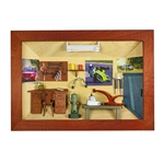 Poland has a long history of craftsmen working with wood in southern Poland. Their workshops produce beautiful hand made boxes, plates and carvings. This shadow box is a look inside a traditional auto repair shop. Note the nice attention to detail. Entire