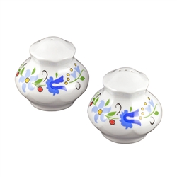 A pair of adorable porcelain salt and pepper shakers decorated with a traditional Kashubian floral design.  Hand wash only.