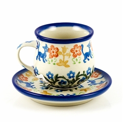 Polish Pottery 3 oz. Espresso Cup and Saucer. Hand made in Poland and artist initialed.