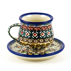 Polish Pottery 3 oz. Espresso Cup and Saucer. Hand made in Poland. Pattern U3076 designed by Krystyna Dacyszyn.