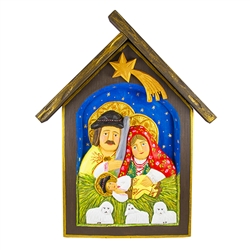 Here is a unusual rendition of the Holy Family in Podhale costume. Hand carved and painted by Polish folk artist Bogumila Lesniak. Signed by the artist. Ready to hang.