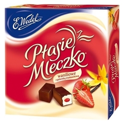 Bird's milk candy has a vanilla flavor marshmallow like filling with a strawberry jelly center and is covered with a thin layer of dark chocolate.  The Wedel Brand A synonym of exquisite taste and top-grade chocolate products Wedel is Poland’s oldest choc