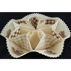 A perfect way to serve your biscuits and rolls. This holder is 100% cotton with a kitchen design in each section. Folds flat for easy storage. Snaps together to form the biscuit holders.
