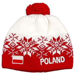 Display your Polish heritage! White and red stretch ribbed-knit winter cap with the word Poland next to the Polish flag. Easy care acrylic fabric. Once size fits most. Made In Poland.