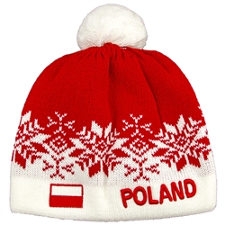 Display your Polish heritage!  Red and white stretch ribbed-knit winter cap with the word Poland next to the Polish flag. Easy care acrylic fabric.  Once size fits most. Made In Poland.