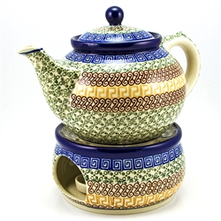 Polish Pottery 40 oz. Teapot and Warmer Set. Hand made in Poland and artist initialed.
