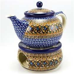 Polish Pottery 40 oz. Teapot and Warmer Set. Hand made in Poland. Pattern U152 designed by Maryla Iwicka.
