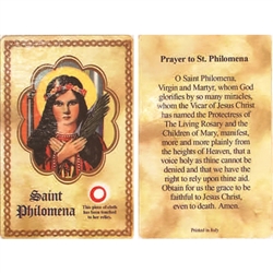 St Philomena Holy Card This unique prayer card contains a third class relics on the front with the prayer on the back. Please note that these are third class relics and are not first or second class with a piece of cloth touched to the relics.