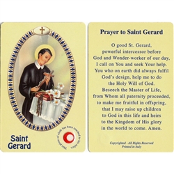 St Gerard Holy Card This unique prayer card contains a third class relics on the front with the prayer on the back. Please note that these are third class relics and are not first or second class with a piece of cloth touched to the relics.