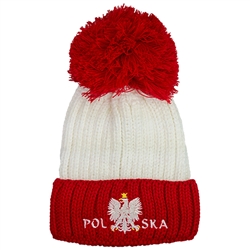 Display your Polish heritage!!  Whiteand red stretch ribbed-knit winter cap with the word Polska and an embroidered Polish Eagle.. Easy care acrylic fabric. Once size fits most. Made In Poland.