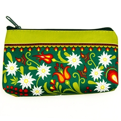 Darling little purse decorated with a Polish mountain floral design.  100% polyester and plastic lined.  Made in Poland.