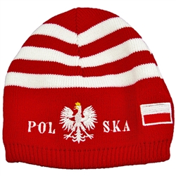 Display your Polish heritage! White with red striped stretch ribbed-knit skull cap, which the Polish Eagle between the word "Polska" (Poland). Easy care acrylic fabric. One size fits most. Imported from Poland.