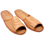Polish mountain slippers are hand made from leather with open backs, flat sole and heel. Highly decorated and burned with mountaineer symbols these comfortable slippers are perfect for lounging at home in style.  Designs on these slippers varies from ship