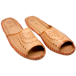 Polish mountain slippers are hand made from leather with open backs, flat sole and heel. Highly decorated and burned with mountaineer symbols these comfortable slippers are perfect for lounging at home in style.  Designs on these slippers varies from ship