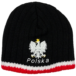 Display your Polish heritage!  Black stretch ribbed-knit skull cap with the word Polska (Poland) below the Polish Eagle. Easy care acrylic fabric.  Once size fits all.  Imported from Poland.