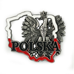 Our magnet features the Polish Eagle, in an outline of Poland in red and white above the word Polska.