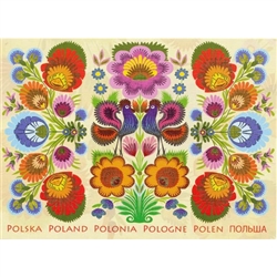 This beautiful note card features a pair roosters, the traditional symbol representing fertility and bounty above the word Poland in 6 languages.  The mailing envelope features flowers in both the foreground and background. Spectacular!