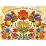 This beautiful note card features a pair roosters, the traditional symbol representing fertility and bounty below the words for Poland in 6 languages. The mailing envelope features flowers in both the foreground and background. Spectacular!