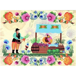 This beautiful note card features a folk couple preparing to sell their produce at their roadside stand. The scene is framed in a bright floral background. The mailing envelope features flowers in both the foreground and background. Spectacular!