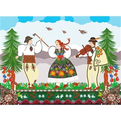 This beautiful note card features a Goral couple dancing.  The mailing envelope features flowers in both the foreground and background. Spectacular!