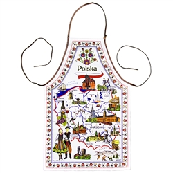 Attractive apron featuring a map of Poland highlighting Poland's best known cities, attractions and folklore. The word Polska (Poland) is at the top above the Polishflag and a border of floral paper-cuts surrounds the entire picture.