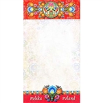 Perfect to hang on a refrigerator or lay on a desk. 72 sheet color note pad decorated in a Polish paper cut design (wycinanka) from the Lowicz region of Poland. Size 4.25" x 7.5". Large magnet on the back. These make great gifts for crafters, paper cut