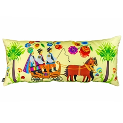 Beautiful stuffed folk design pillow. The bride and groom in traditional folk costume are pictured in their wedding carriage. 100% polyester and made in Poland. Back side of the pillow is solid black. Zipper on one side for convenient cleaning. Size 25 x