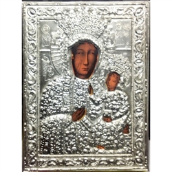 Made in Poland this icon is a print and covered with a beautiful cover of zinc plated copper featuring fine bas-relief. Size 4.75" x 6.25" - 12cm x 16cm