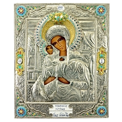 Made in Poland this icon is hand painted and covered with a beautiful cover of zinc plated c opper featuring fine bas-relief.