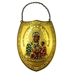 Impressive engraved brass metal shield with a hand painted center of Our Lady of Czestochowa.