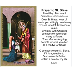 St. Blase - Holy Card.  Plastic Coated. Picture is on the front, text is on the back of the card.