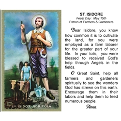 St. Isidore - Holy Card.  Plastic Coated. Picture is on the front, text is on the back of the card.