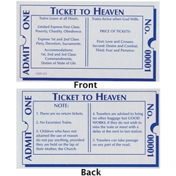 Ticket to Heaven - Prayer / Holy Card.  Plastic Coated. Picture is on the front, text is on the back of the card.