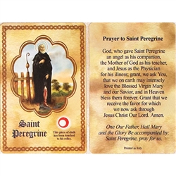 St Peregrine Holy Card This unique prayer card contains a third class relics on the front with the prayer on the back. Please note that these are third class relics and are not first or second class with a piece of cloth touched to the relics. Patron sain