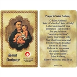 St Anthony Holy Card This unique prayer card contains a third class relics on the front with the prayer on the back. Please note that these are third class relics and are not first or second class with a piece of cloth touched to the relics.