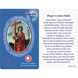 Healing St Helen Holy Card. This unique prayer card contains a third class relics on the front with the prayer on the back. Please note that these are third class relics and are not first or second class with a piece of cloth touched to the shrine.