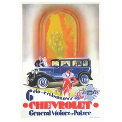 Chevrolet, 1929 Polish Advertising Poster.  It has now been turned into a post card size 4.75" x 6.75" - 12cm x 17cm.