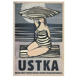 Ustka, Polish Promotion Poster designed by artist Ryszard Kaja. It has now been turned into a post card size 4.75" x 6.75" - 12cm x 17cm.