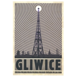 Post Card: Gliwice Radio Tower, Polish Promotion Poster designed by artist Ryszard Kaja. It has now been turned into a post card size 4.75" x 6.75" - 12cm x 17cm.