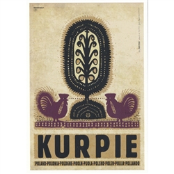 Post Card: Kurpie, Polish Tourist Poster designed by artist Ryszard Kaja. It has now been turned into a post card size 4.75" x 6.75" - 12cm x 17cm.
