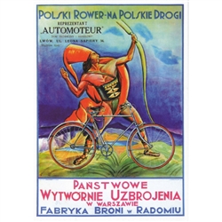 Postcard:  Polish bike on the road, 1928 Polish Promotion Poster designed by Lech Jan Wlodarczyk.  It has now been turned into a post card size 4.75" x 6.75" - 12cm x 17cm.