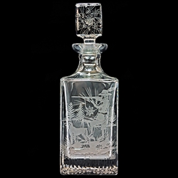 This is genuine Polish hand-cut leaded crystal decanter with matching crystal stopper. Beautiful starburst cut is a classical pattern found in traditional Polish crystal. Hunter scene is etched on one side.l.