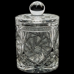 Lovely covered canister style jar. This is genuine Polish lead crystal hand cut with a star burst design.