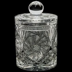 Lovely covered canister style jar. This is genuine Polish lead crystal hand cut with a star burst design.