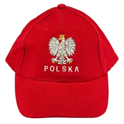 Stylish red cap with silver, white and gold thread embroidery. The front of the cap features a silver and white Polish Eagle with gold crown and talons. Features an adjustable cloth and Velcro tab in the back. Designed to fit most people.