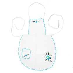 Women's Kashubian Floral Apron, in white cotton with hand embroidery.  Front panel has a 4" x 5" (10cm x 13cm) pocket.