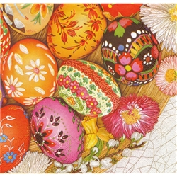 Celebrate the Easter season with these beautiful napkins. These original designs will make any table festive with their beautiful eggs.. Three ply napkins with water based paints used in the printing process.