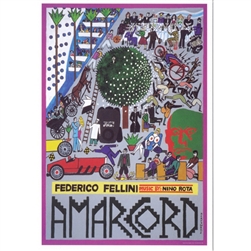 Post Card: Amarcord, Fellini, Polish Poster designed by Andrzej Krajewski in 2011. It has now been turned into a post card size 4.75" x 6.75" - 12cm x 17cm.