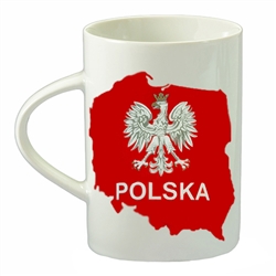 Ceramic Polish coffee mug, which features the emblem of Poland, a gold crowned Polish eagle and the word Polska (Poland). superimposed on the map of Poland. Na Zdrowie (To Your Health) printed on the reverse side.  Hand washing recommended and not for use