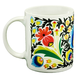 This very colorful folk design mug comes from the town of Lowicz, Poland. The wrap-a-round scene features two roosters and a floral design. Hand wash only.